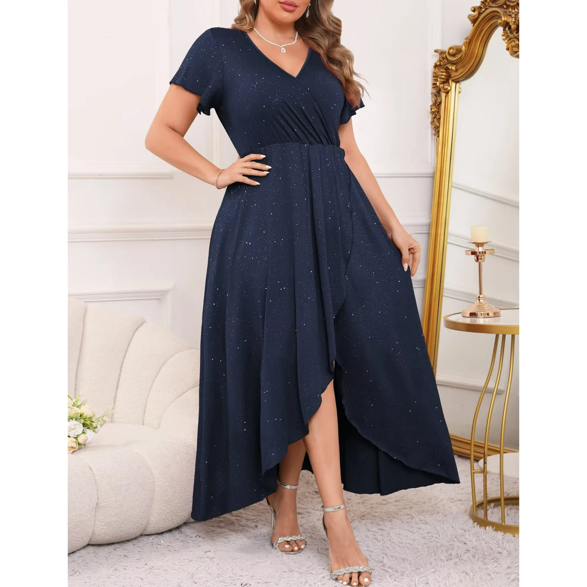 FOLUNSI Plus Size Formal Dresses Glitter V Neck Split Wedding Cocktail Long Evening Dress m-4x