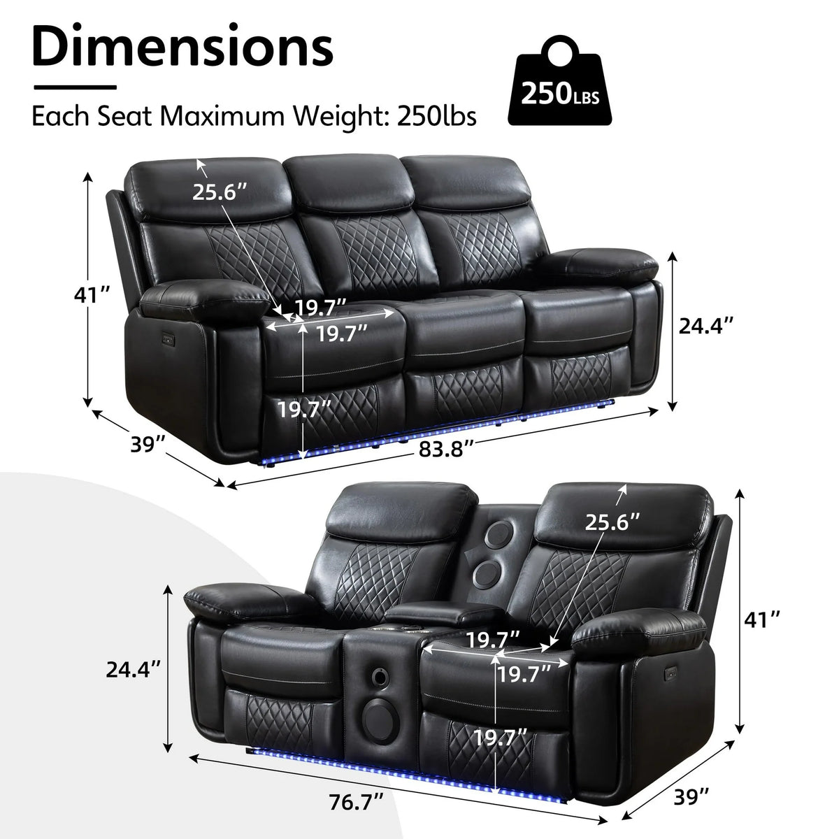 Othniel 2PCS Power Recliner Sofa Sets with Bass Speaker,Wireless Charger LED Light,USB Port,Gray
