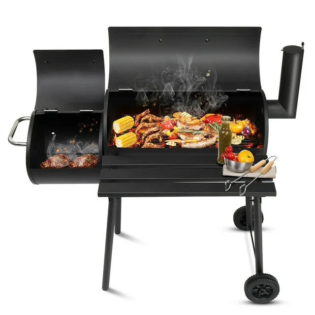 Smoker Grill, Outdoor BBQ Charcoal Grill W/2 Cooking Area, Portable Offset Smoker on Wheels for Patio Backyard Camping