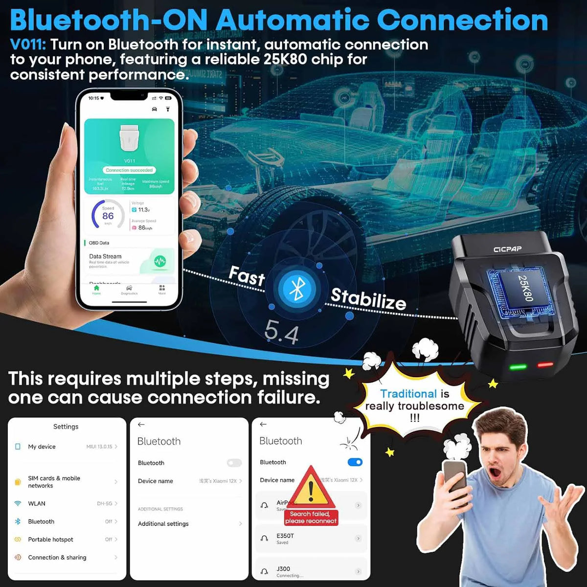 CICPAP OBD2 Scanner Bluetooth, Car Code Readers & Scan Tools for iOS & Android, Wireless Auto Diagnostic Scan Tool to Check Engine & Fix All Cars & Vehicles, Bluetooth 5.4
