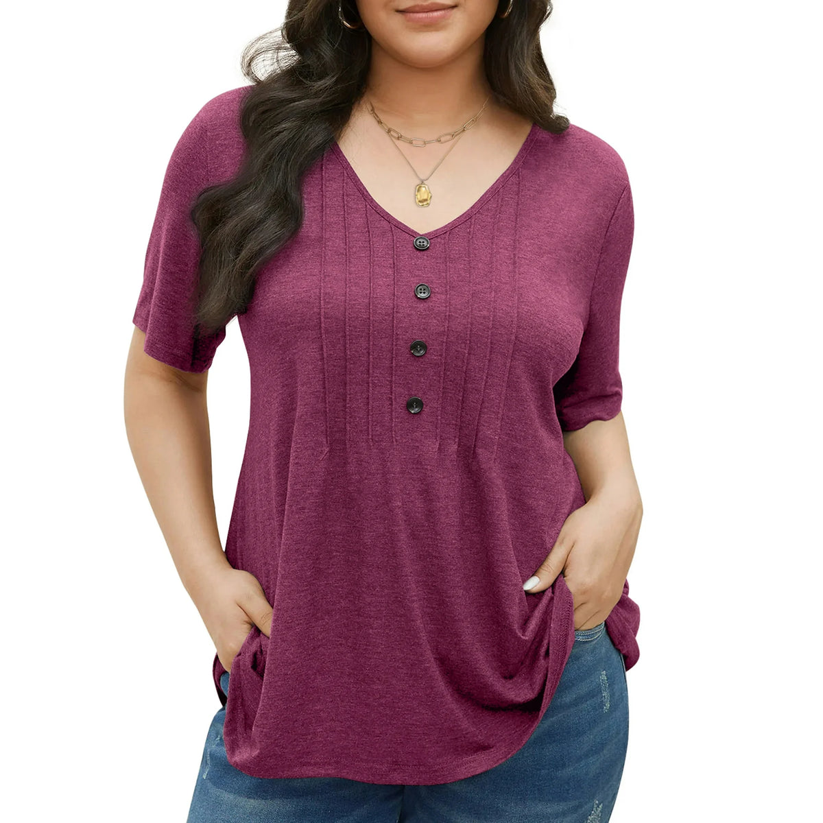 Fantaslook Plus Size Blouses for Women Pleated Button Short Sleeve Shirts Casual V Neck Tunic Tops