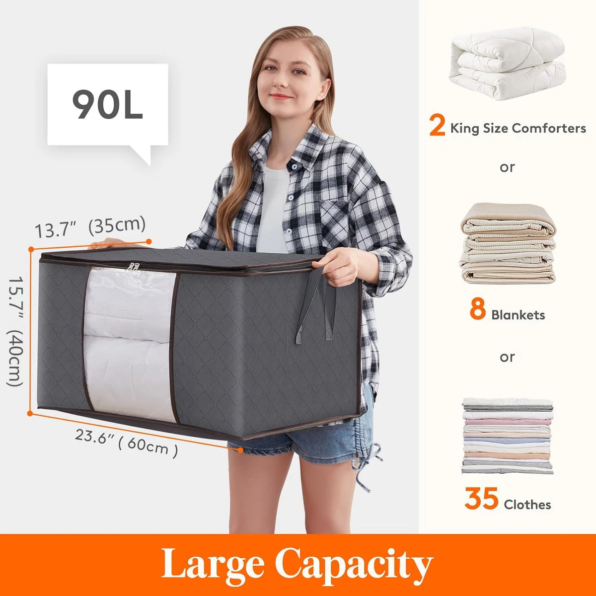 Uiz Merueh 6 Pack Clothes Storage Bags, 24 Gallon Storage Containers with Reinforced Handle Sturdy Zipper, Closet Storage for Blanket Comforter Pillow Bedding
