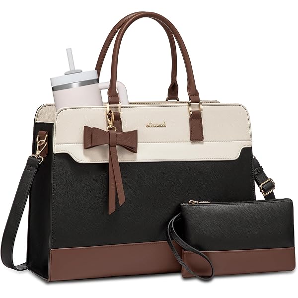 LOVEVOOK Laptop Tote Bag for Women,Leather Work Bag, Waterproof Business Teacher Bag,Large Computer Handbag Purse Briefcase,Office Gifts for Women Black-white-brown-up 15.6 Inch