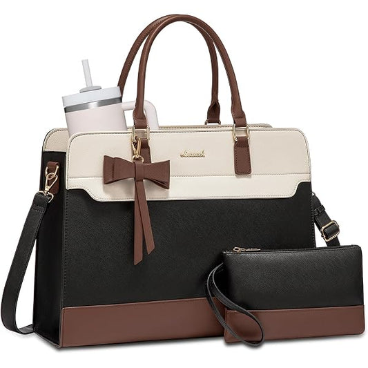 LOVEVOOK Laptop Tote Bag for Women,Leather Work Bag, Waterproof Business Teacher Bag,Large Computer Handbag Purse Briefcase,Office Gifts for Women Black-white-brown-up 15.6 Inch