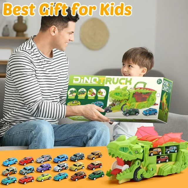 JoyStone 20 in 1 Dinosaur Transport Truck with 20 Cars, City Dinosaur Ultimate Hauler Track Toy, Transforms into Stomping Standing Dinosaur Toddler Toys Birthday Gift for Kids Ages 3