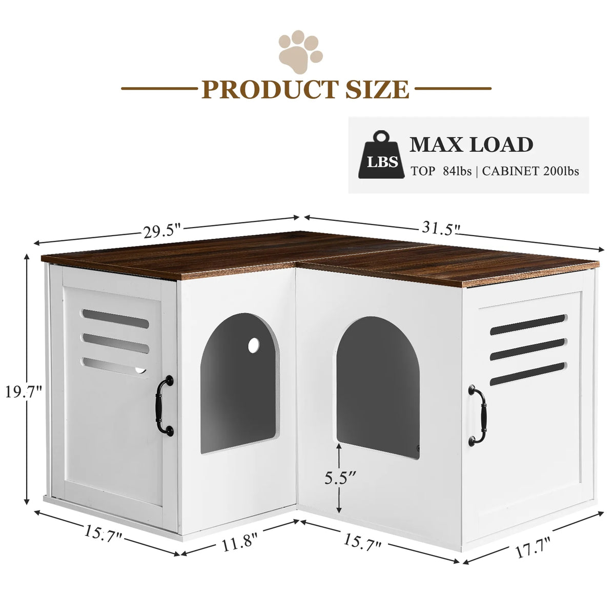 JanflyHome Litter Box Enclosure Furniture, Farmhouse Corner Cat Litter Box Enclosure for 2 Cats with 2 Silicone Food Bowls, White