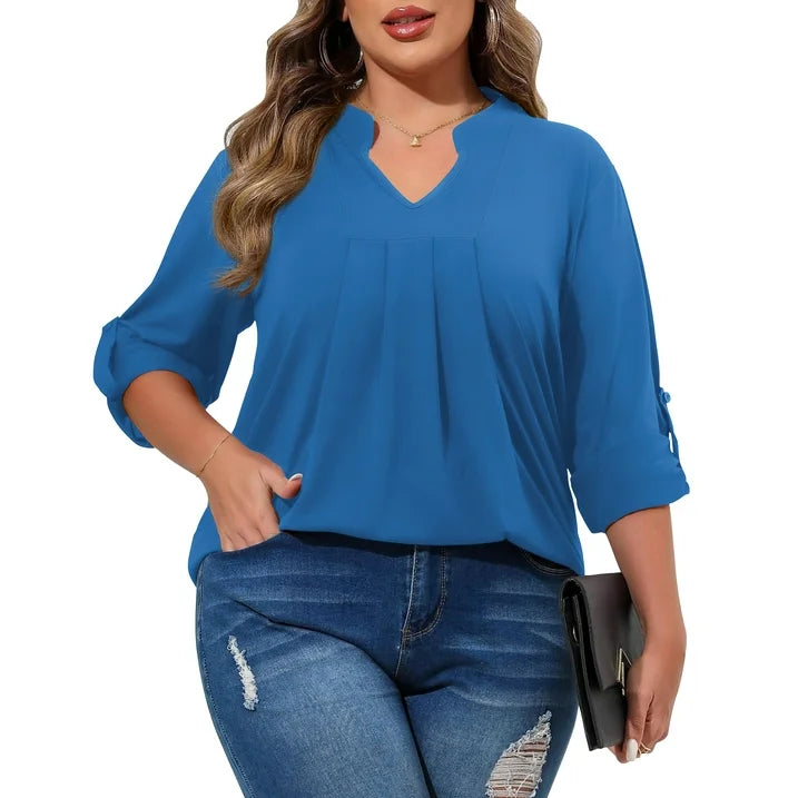 WellSize Plus Size Blouse for Women Dressy Pleated Tunic Tops Roll Up 3/4 Sleeve Shirts