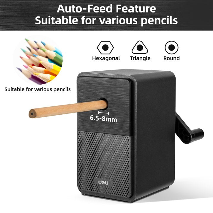 Deli Manual Pencil Sharpener - Auto-in Hand Crank with Adjustable Point, Stronger Helical Blade to Fast Sharpen, Home and Office, Black