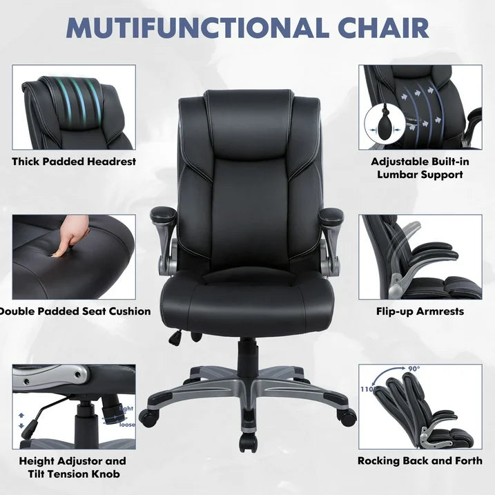 Colamy High Back Executive Office Chair Home Computer Desk Leather Chair Adjustable Tilt Lock Black