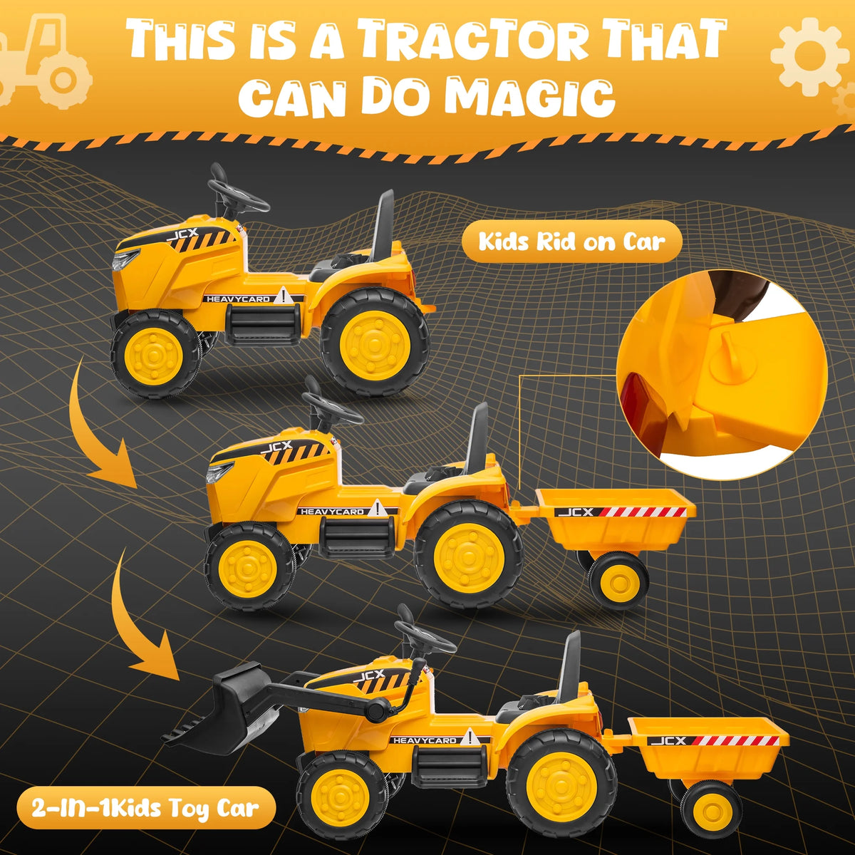 12V 2 in 1 Ride on Tractor Bulldozer Toys for Kids, Battery Powered Ride on Tractor with Remote Control, Trailer, Shovel Bucket, Digging Handle, Remote Control, Bright Headlight, Yellow