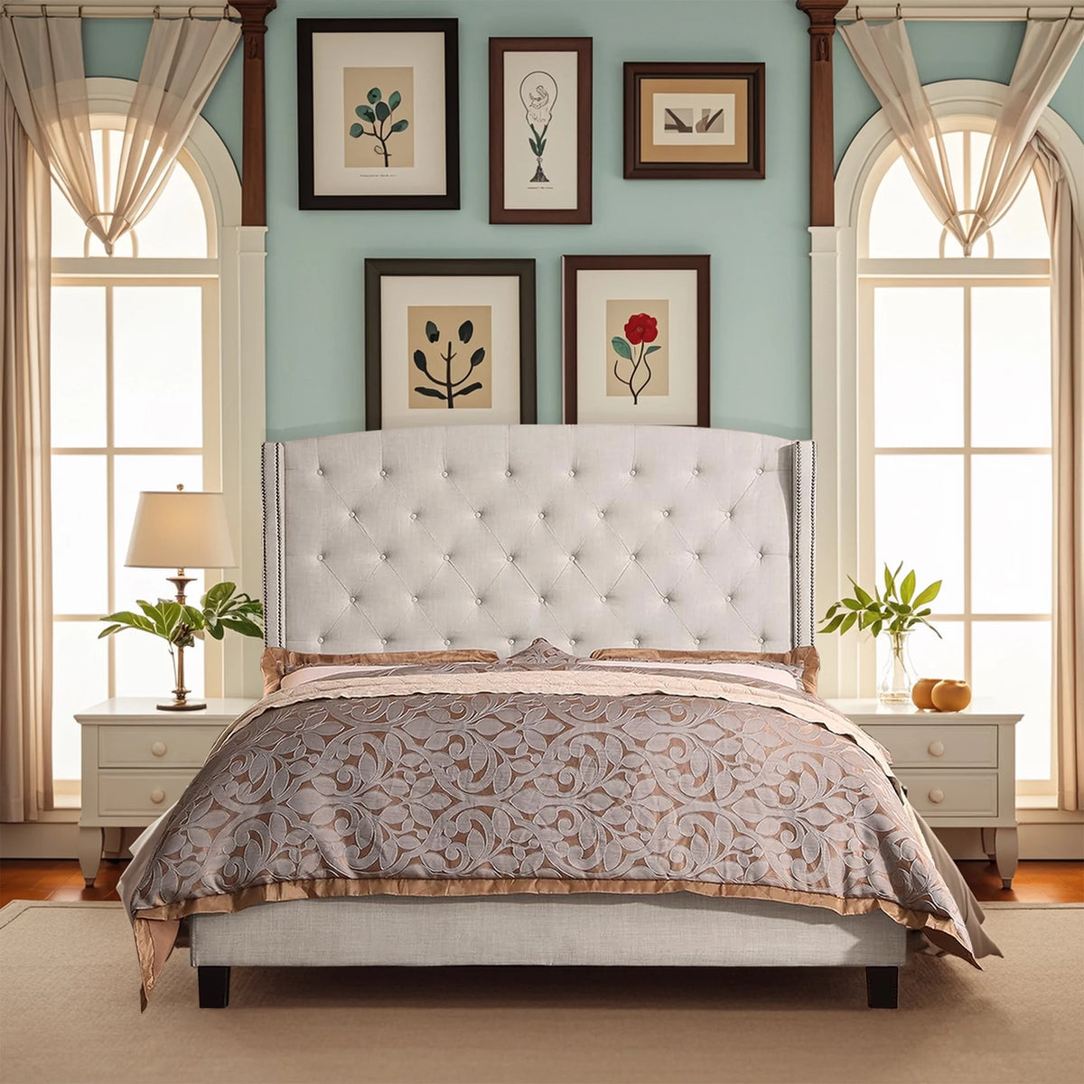 Queen Size Classical Bed Frame with Adjustable Button Tufted Headboard, Fabric Upholstered Platform Bed Frame for Bedroom, Strong Wooden Slat Support, Easy Assembly, Beige
