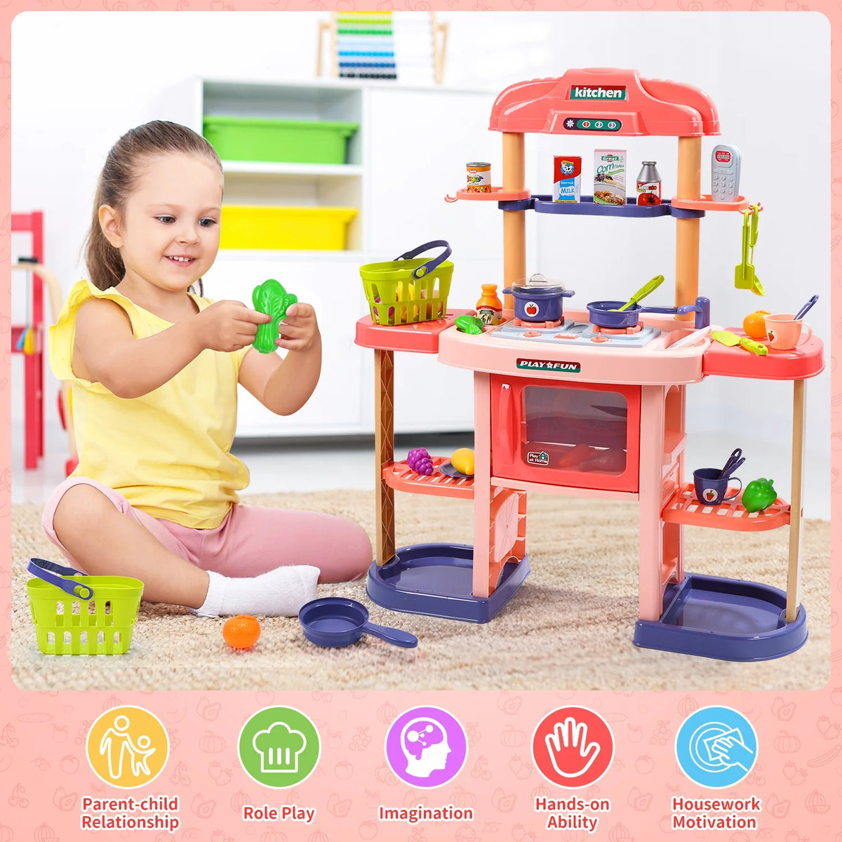 JoyStone Kids Play Kitchen, Large Kitchen Playset w/Shelf, Play Food, Spray Stove, Oven, Real Sounds and Light Pretend Play Cooking Set for Toddlers Girls and Boys