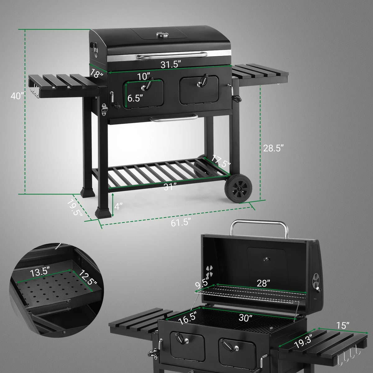 Ktaxon BBQ Grill Outdoor Charcoal Grill Smoker Large-sized Barbecue Grill with 2 Charcoal Doors for Patio,Backyard,Garden