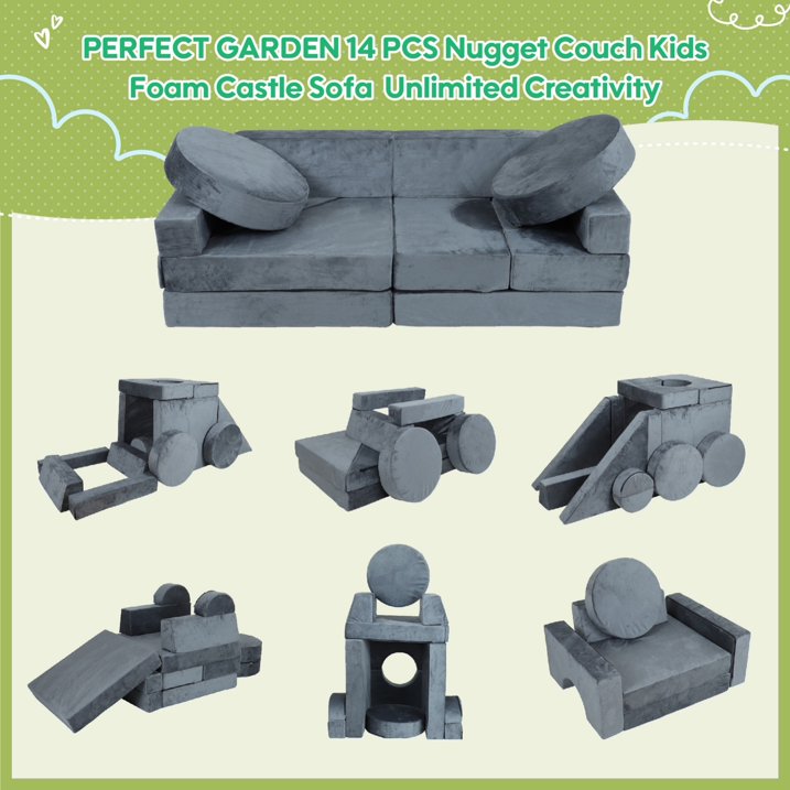 HSUNNS 14 PCS Kids Couch, Velvet Kids Play Modular Couch, Kids Sofa for Boys and Girls, Easy Assembly, Modular Play Sofa for Bedroom and Playroom, Gray