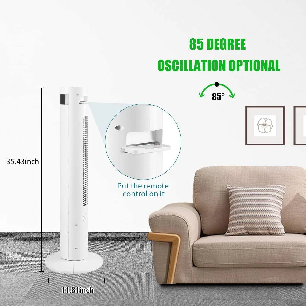KISSAIR Tower Fan 35” Portable with Oscillation, Remote Control,3 Powerful Wind Speed and 3 Modes Setting, Built in 12 H Timer LED Display Compact Standing Fan for Bedroom Home Office, White