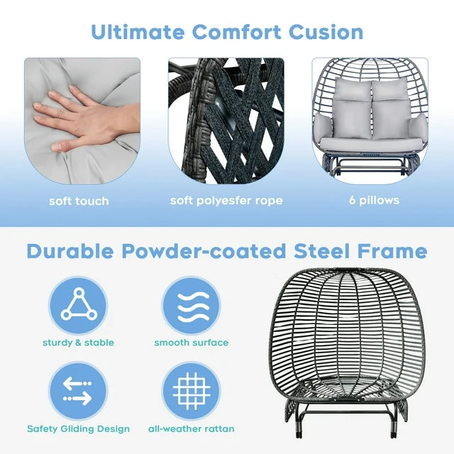 Brafab 2-Person Outdoor Egg Chair Wicker Basket Lounger Chairs with Stand Glider for Home Patio Xmas Gift,Steel Frame,Gray
