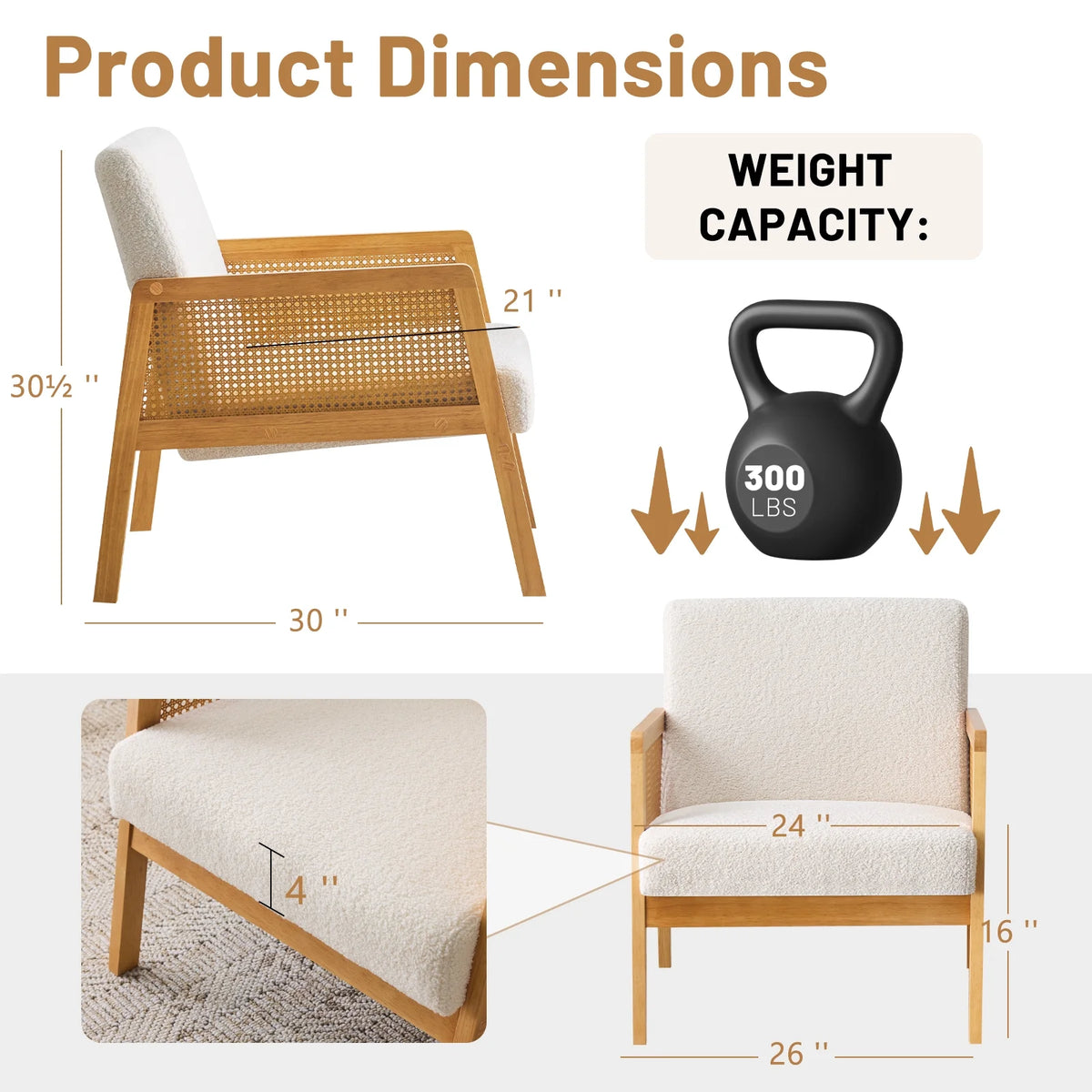 Modern Accent Chair, Upholstered Armchair with Rubber Wood Frame, Comfort Rattan Reading Chair, Lounge Chair for Living Room Bedroom, Ivory white