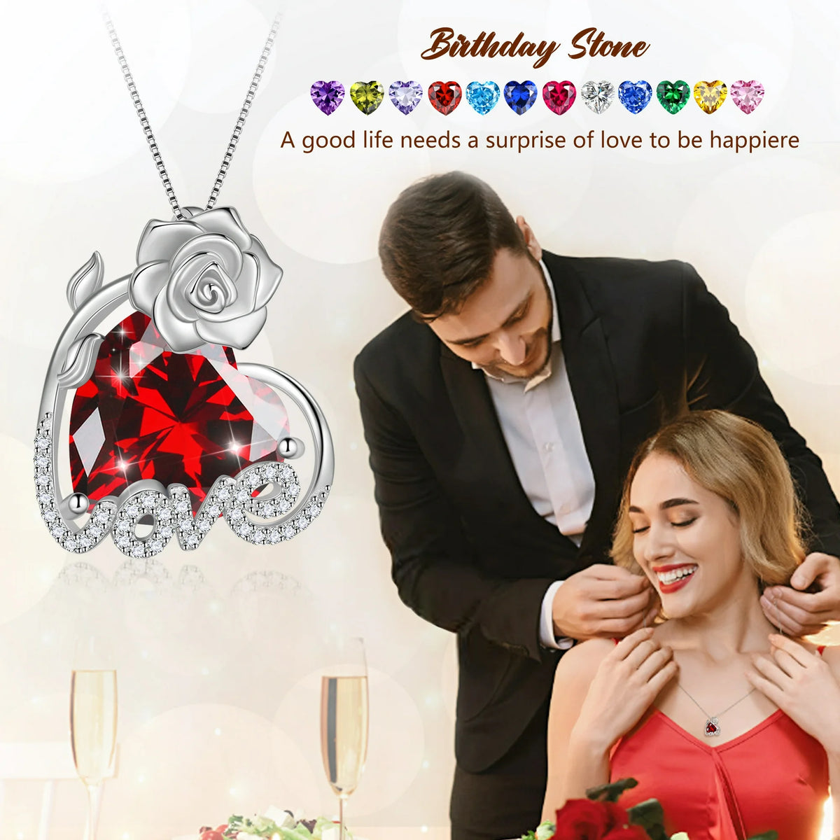 Juwaliy 15MM Women Rose Heart Necklace July Birthstone 925 Sterling Silver Flower Love Jewelry Pendant Red Ruby Mother Birthday Valentine's Day Gift
