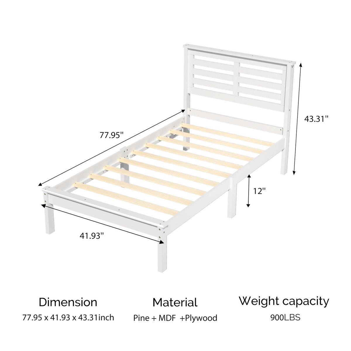 Zimtown Twin Wood Bed Frame with Charging Station, Lighted Platform Bed, White