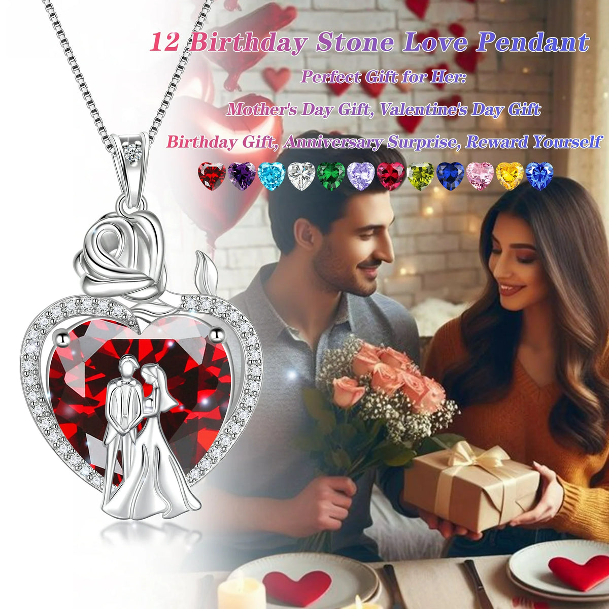 Juwaliy Couple Heart Necklace 15MM July Birthstone 925 Sterling Silver Rose Flower Jewelry Women Pendant Red Ruby Valentine's Day Gift for Wife Girlfriend Lover