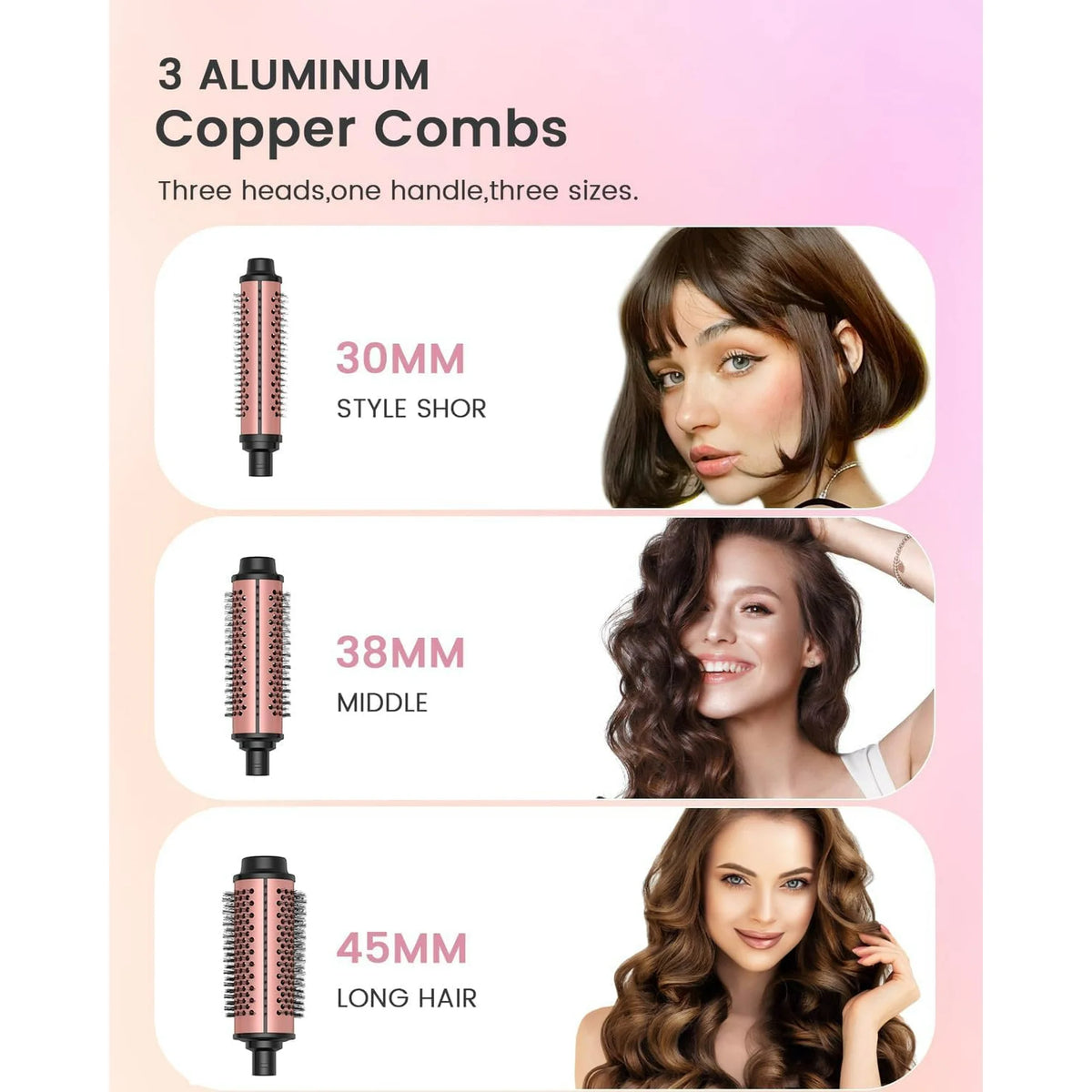 3 in 1 Thermal Brush Set with Ceramic Curling Wand, Fast Heating Hot Brush, 3 Interchangeable Curling Irons for Short, Medium & Long Hair (30mm, 38mm & 45mm), Dual Voltage (J2)