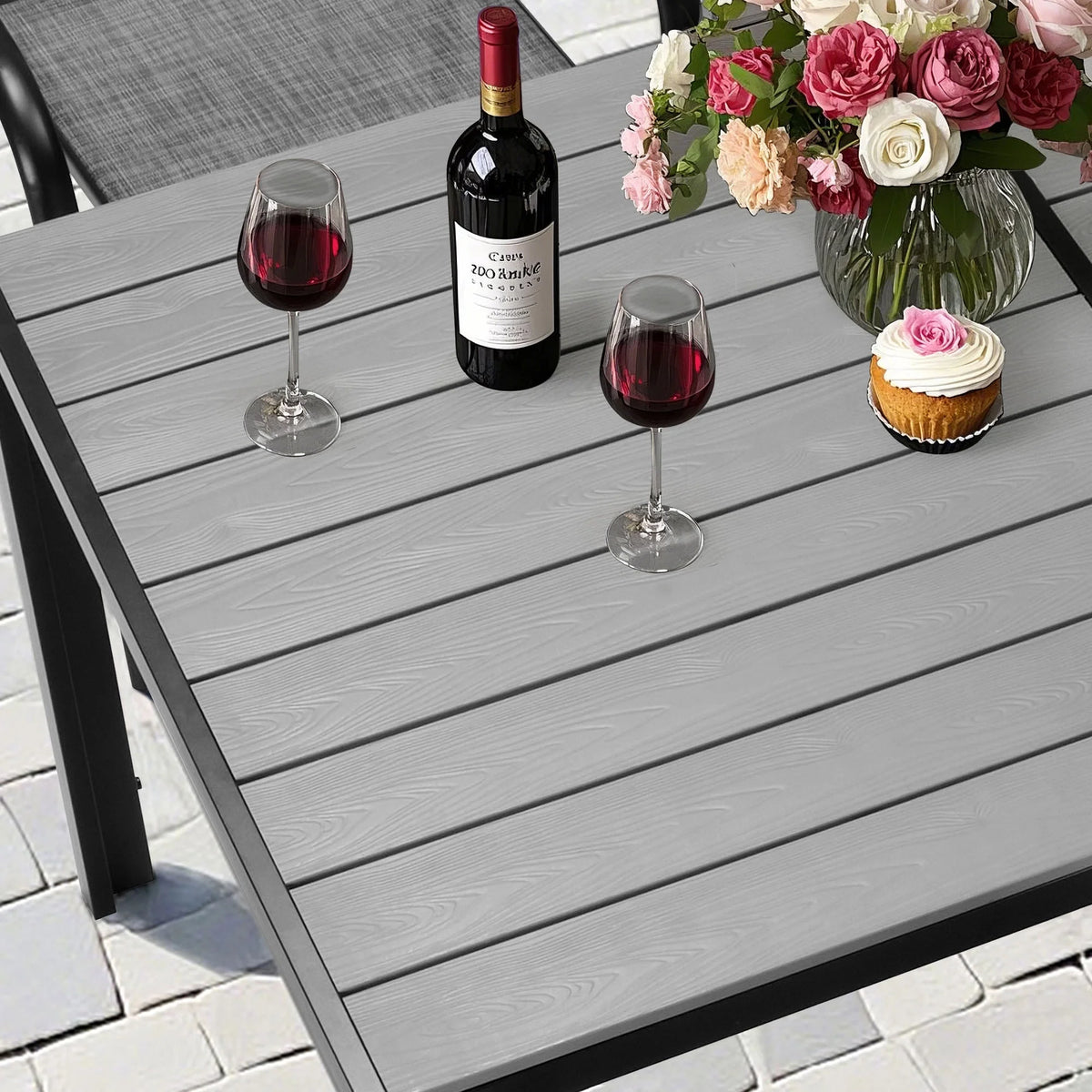 Seizeen 7-Piece Outdoor Table and Chairs, Patio Table Set with 6 Textilene Chairs, All-weather Outdoor Patio Dining Sets Rectangular Metal Table with Plastic Wood Top, Gray