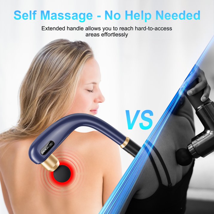 Massage Gun Deep Tissue with Extended Handle, 12MM Handheld Electric Back Muscle Massager for Pain Relief, Quiet Percussion Massage Gun with LED Screen & 4 Massage Heads, 3 Modes & 5 Speed Levels