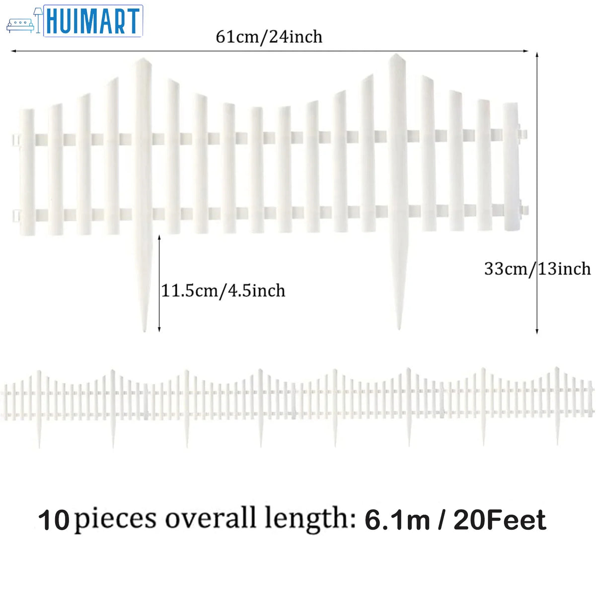 SUSUZI 10-Panel White Picket Fence Plastic Edging Garden Fence Lawn Flowerbed Borders Landscape Path Panels 13in Tall Pack of 10 (Overall Length 20 ft)