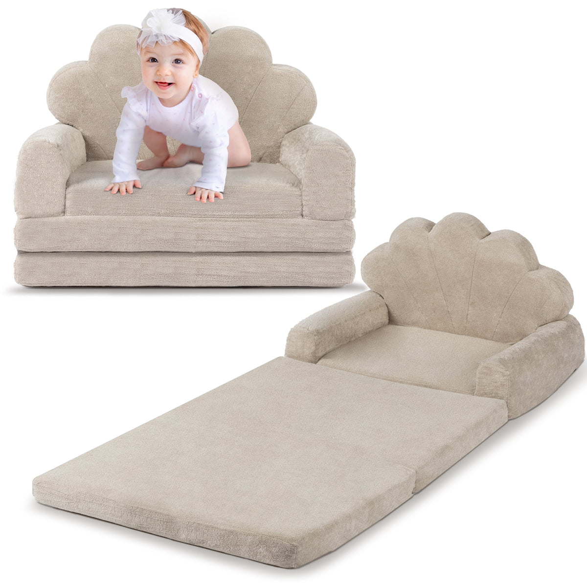 spanspace Toddler Couch, 2-in-1 Soft Sherpa Toddler Couch Fold Out, Toddler Chair Comfy, Convertible Sofa to Lounger with Cute Shell Designs, Grey