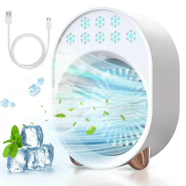 iFanze Portable Air Conditioner Fan, Rechargeable Evaporative Air Cooler Air Cooling Fan with 3 Speed, Personal Mini AC Desktop Fan for Room Home Bedroom Office Indoor Outdoor, White