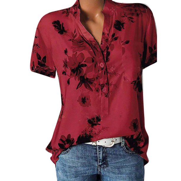 Womens Tops Women's Casual Printed V-neck Short-Sleeved Shirt Pullover Loose Blouse Tops L