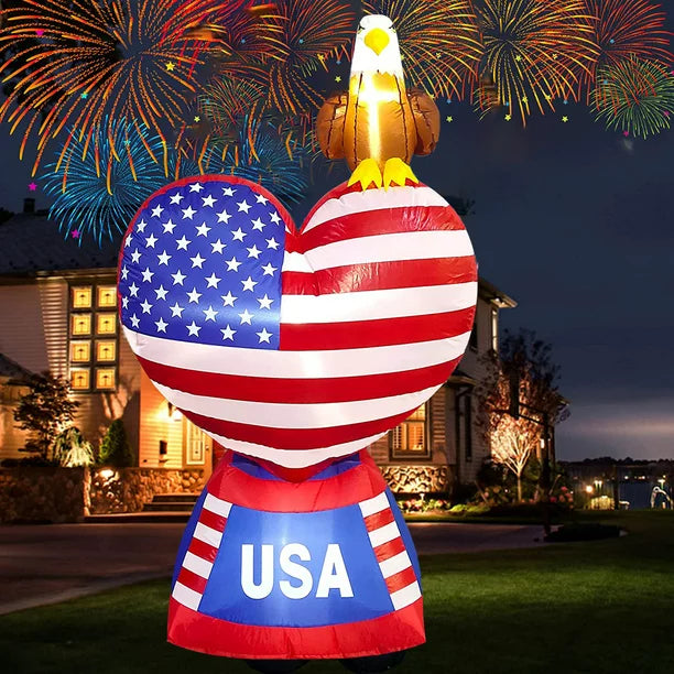6 FT Patriotic Independence Day 4th of July Inflatable Love Heart with LED Lights American Flag and Eagle for Outdoor Indoor Lawn Yard Holiday Decoration Blow up Home Garden Decor