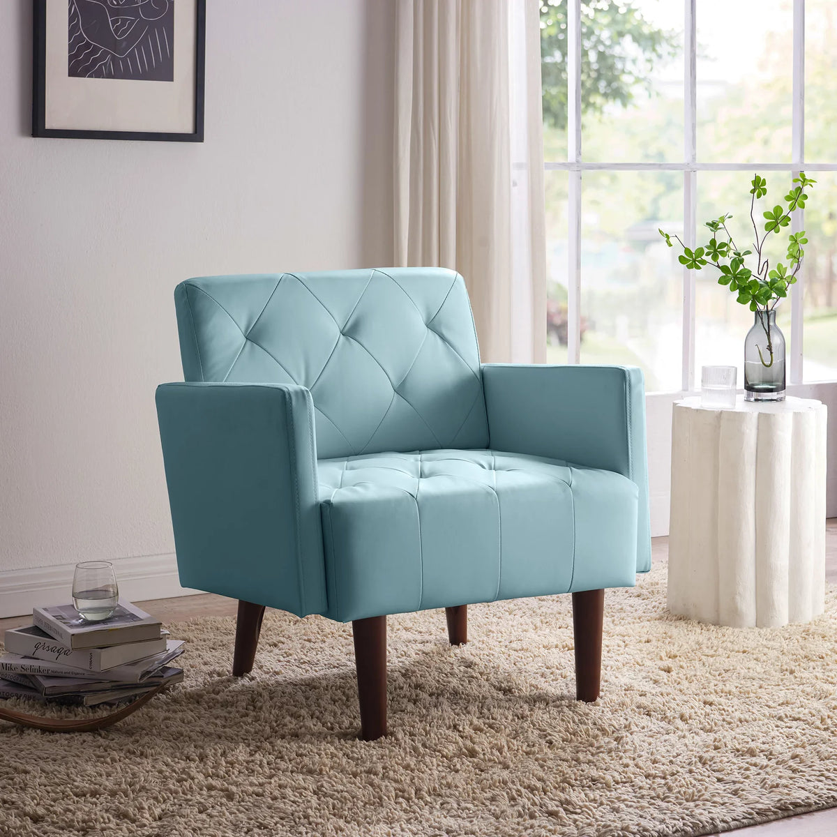 Kowilk PU Leather Accent Chair, Modern Single Sofa Chair for Living Room and Bedroom, Upholstered Lounge Armchair Chair with wood Legs（Blue）