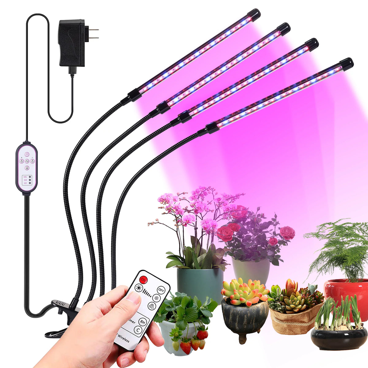 TUOY 84 LED Grow Lights for Indoor Plants Red Blue Spectrum Auto ON & Off 4 Head Clip-on 4/8/12H Timer 10 Dimmable Level Grow Light with DC Adapter