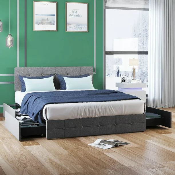 Mjkone Platform Bed Frame with 4 Storage Drawers, Upholstered King Size Bed Frame with Square Button Tufted Adjustable Headboard, Wood Slat Support/ No Box Spring Needed/ No Mattress (King, Dark Grey)
