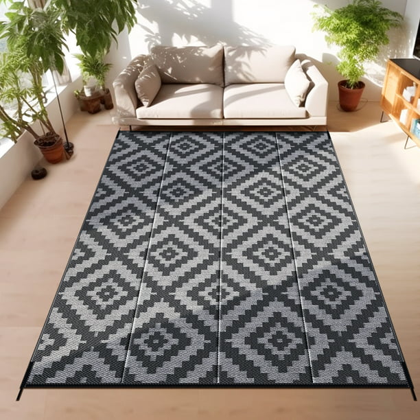 GOTGELIF 9x18 Outdoor Rug Waterproof Outdoor Area Rug Reversible Portable Outdoor Plastic Straw Rug Indoor Outdoor Carpet for Garden Porch RV Camping Mat Grey Black
