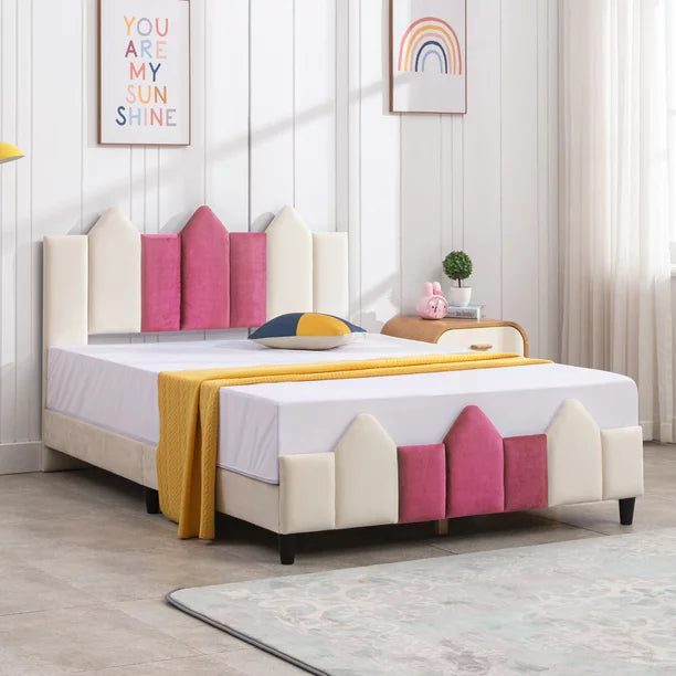 Mjkone Full Size Kids Bed, Children Upholstered Twin Platform Bed Frame with Headboard, Pink and White Toddler Bed for Boys & Girls, Teens, No Box Spring Needed