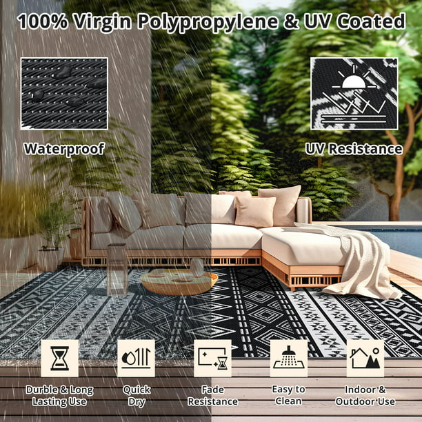 GOTGELIF 9x12 Outdoor Rug Plasti Straw Rug Bohemia Carpet Waterproof PP Tube Woven Portable Mat for RV,Patio Decor,Porch,Balcony,Picnic