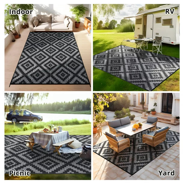 GOTGELIF 9x18 Outdoor Rug Waterproof Outdoor Area Rug Reversible Portable Outdoor Plastic Straw Rug Indoor Outdoor Carpet for Garden Porch RV Camping Mat Grey Black