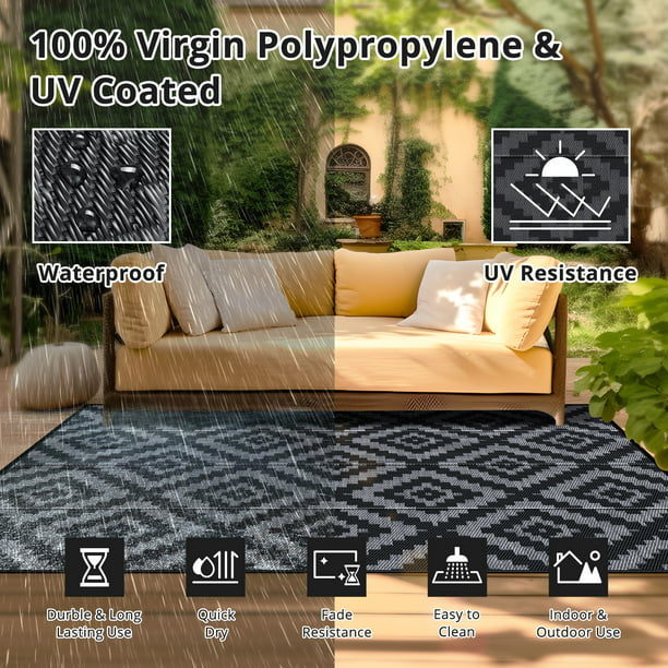 GOTGELIF 9x12 Outdoor Rug Waterproof Outdoor Area Rug Reversible Portable Outdoor Plastic Straw Rug Indoor Outdoor Carpet for Garden Porch RV Camping Mat Grey Black
