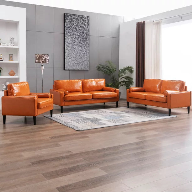 Mjkone 3 Pieces Faux Leather Sofa Couch Set,Mid-Century Single Loveseat Couch and 3 Seater Sofa with Bolster Pillows,Sectional Upholstered Brown Furniture,Small Couch Set for Living Room/Apartment